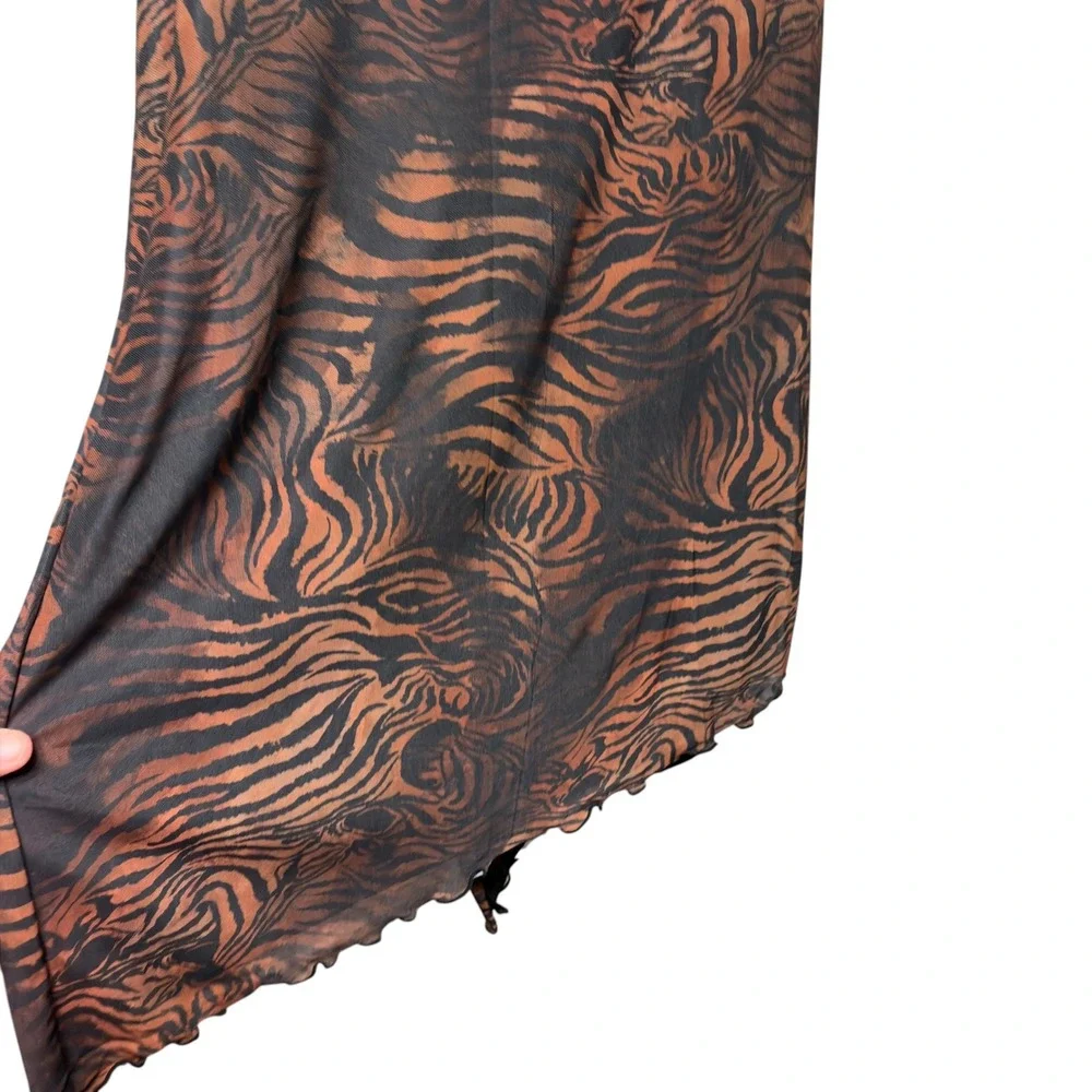 Brown Tiger Print Mesh Midi Skirt Asymmetrical Lettuce Hem Side Slit Bow Trim